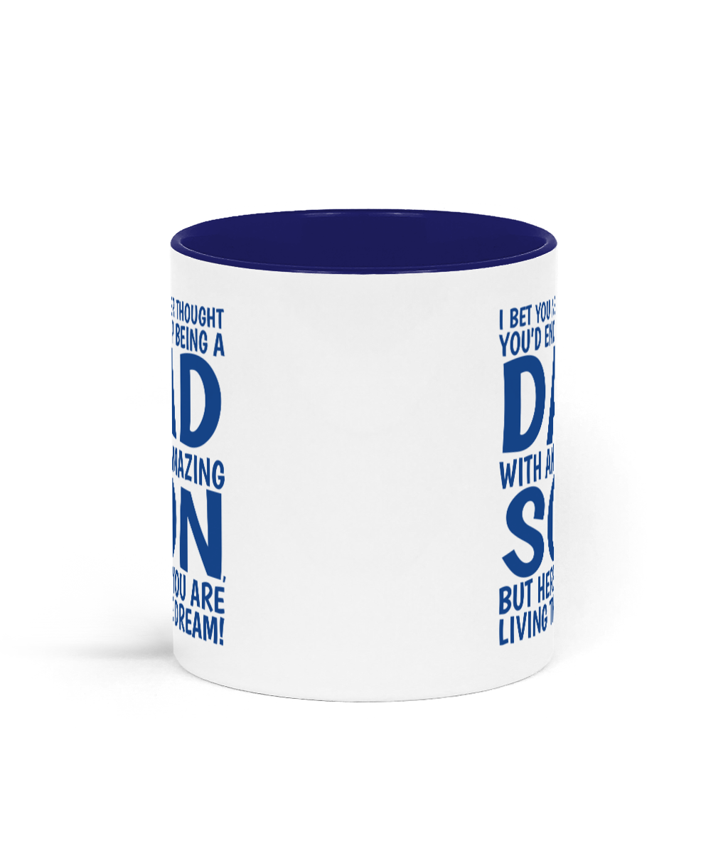 White mug with blue interior and text design on a white background