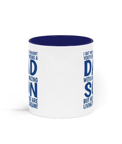 White mug with blue interior and text design on a white background