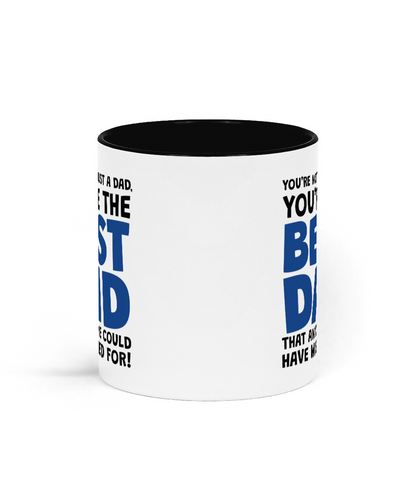 White mug with blue text on a white background