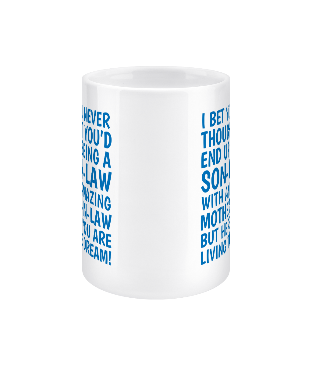 White mug with blue text on a white background