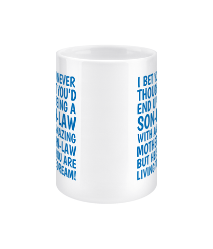 White mug with blue text on a white background