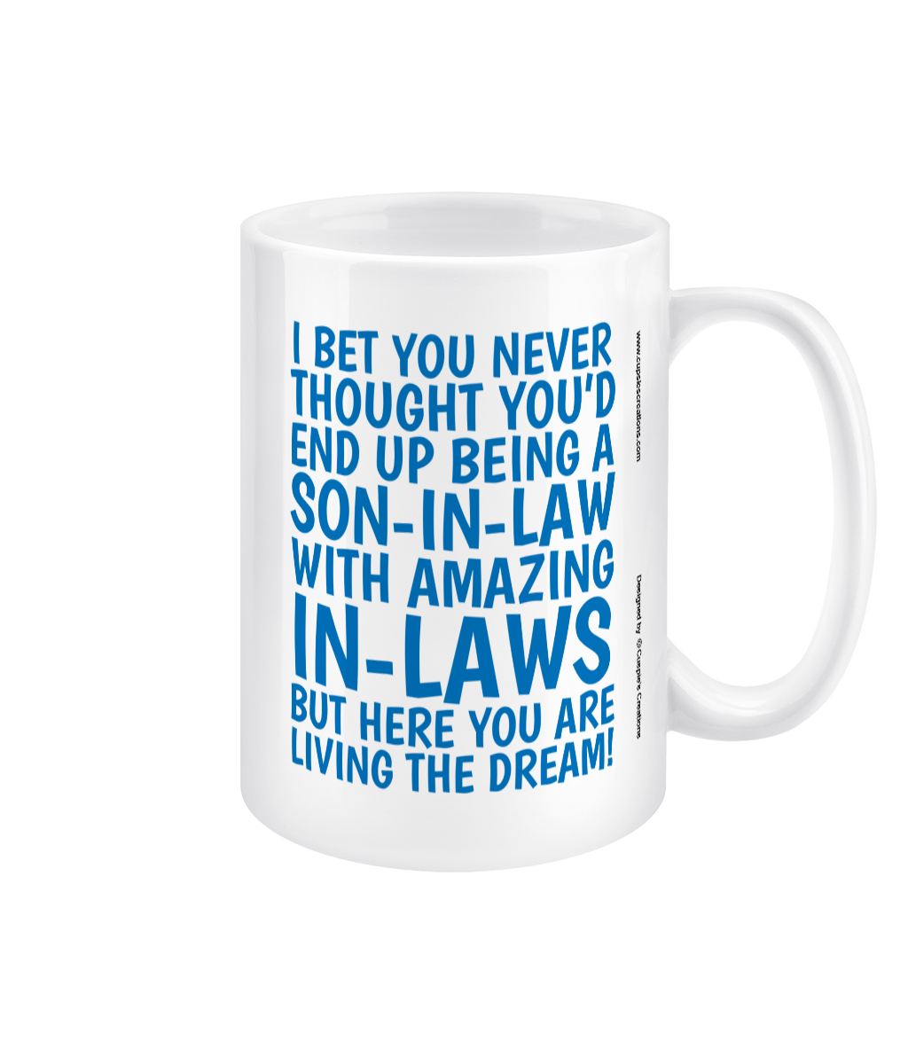 Funny 15oz son-in-law jumbo mug – blue text humour gift from in-laws, double-sided white ceramic cup