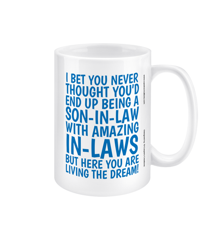 Funny 15oz son-in-law jumbo mug – blue text humour gift from in-laws, double-sided white ceramic cup