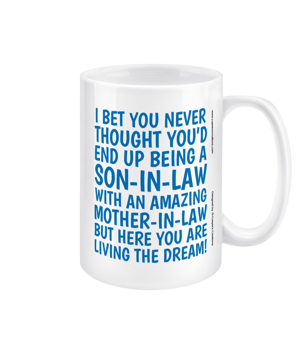 Funny 15oz son-in-law jumbo mug – blue text humour gift from Mother-in-law, double-sided white ceramic cup