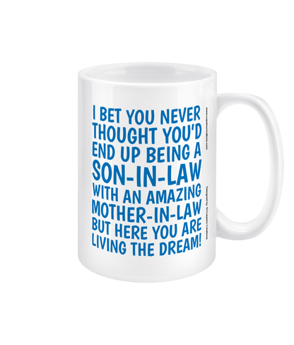 Funny 15oz son-in-law jumbo mug – blue text humour gift from Mother-in-law, double-sided white ceramic cup