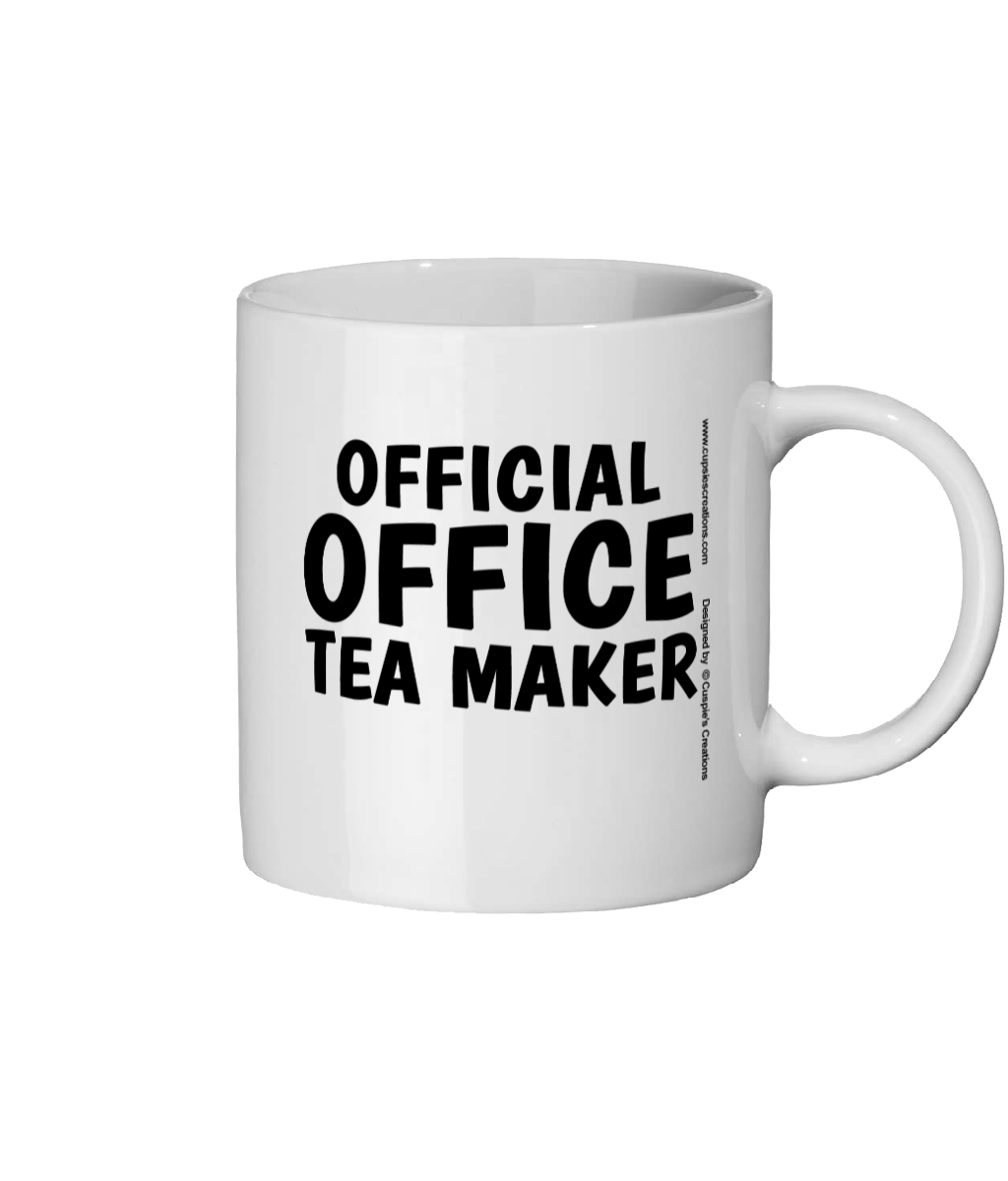 White mug with 'Official Office Tea Maker' text on a white background