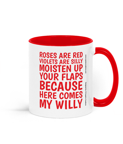 Cheeky adult humour mug with red handle and interior featuring rude valentines poem text on white ceramic cup - Right Side