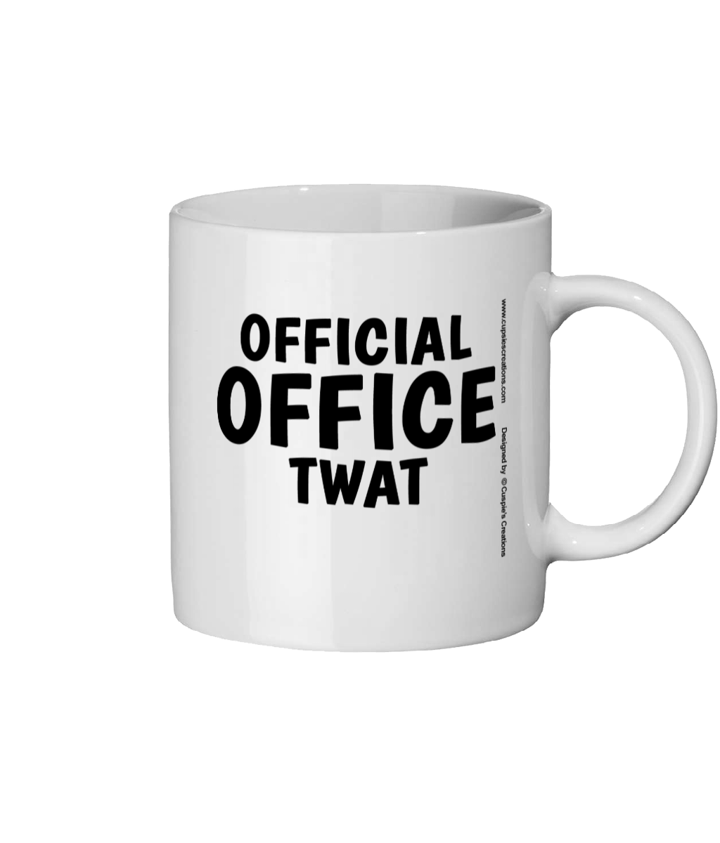 White mug with black text 'OFFICIAL OFFICE TWAT' on a white background