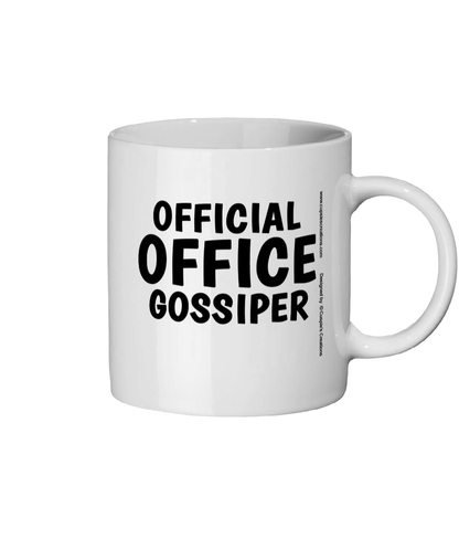 White mug with 'OFFICIAL OFFICE GOSSIPER' text on a white background