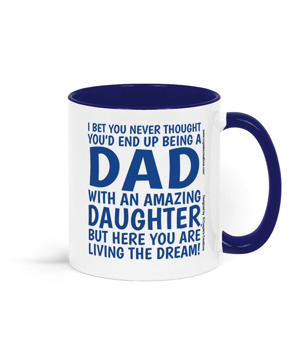 Funny Dad mug from daughter with blue typography Father's Day design on white ceramic mug - Right Side