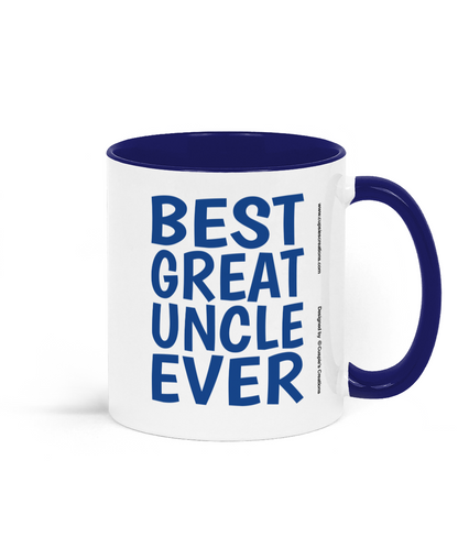 Best great uncle ever mug with blue handle and bold blue text on white ceramic mug - Right Side