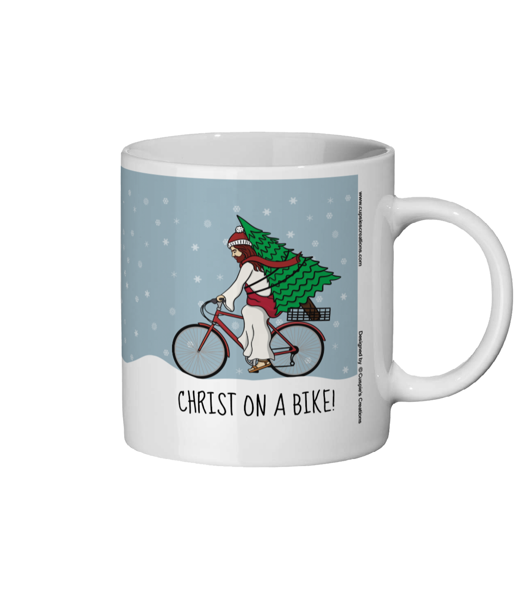 Funny Christmas ceramic mug with illustration of Christ riding a bike carrying a Christmas tree and text “Christ on a Bike” - Right Side