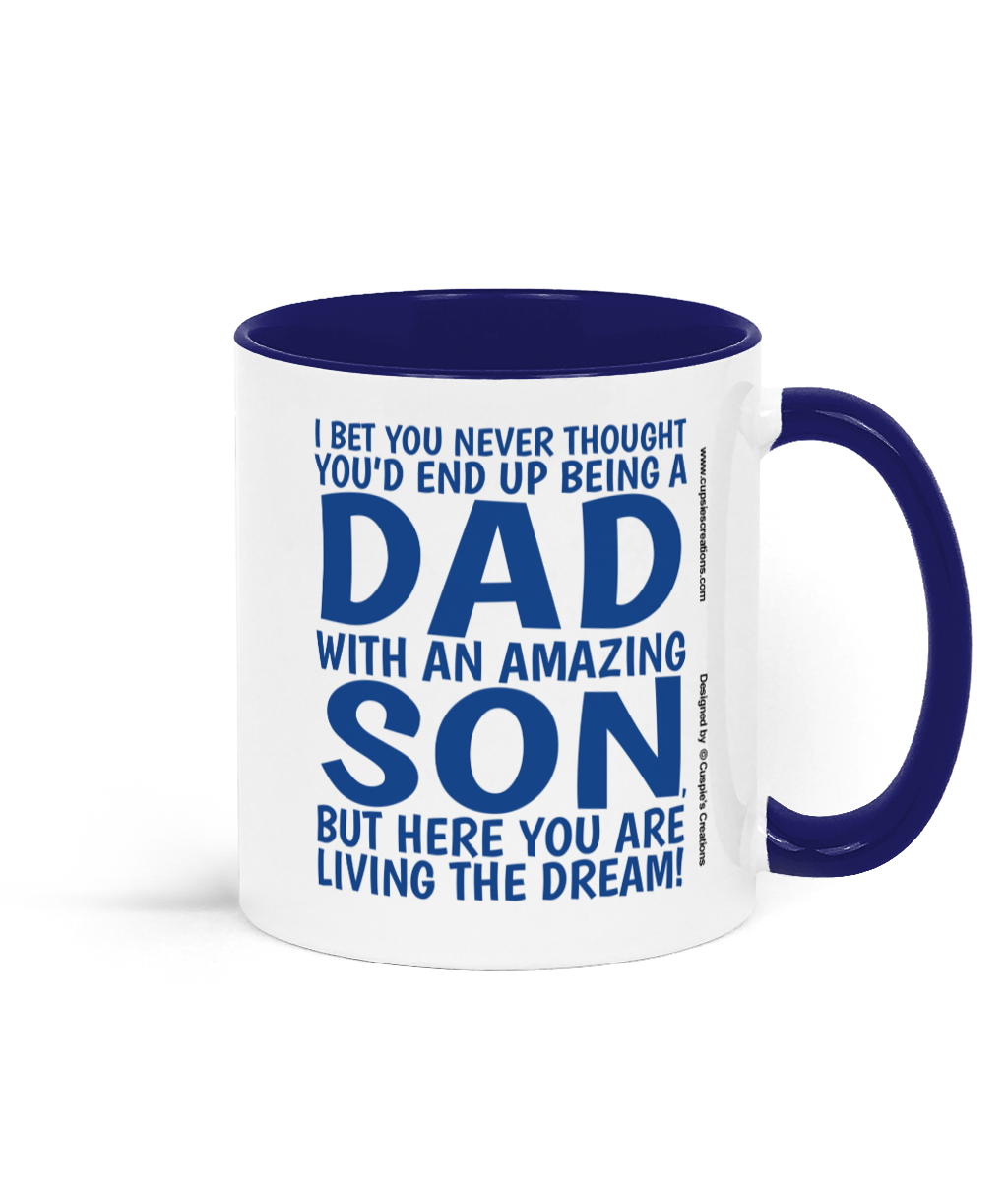 Funny Dad mug from son with blue typography design and Father's Day message on white ceramic mug - Rigtht Side