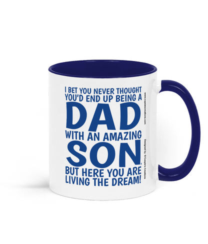 Funny Dad mug from son with blue typography design and Father's Day message on white ceramic mug - Rigtht Side