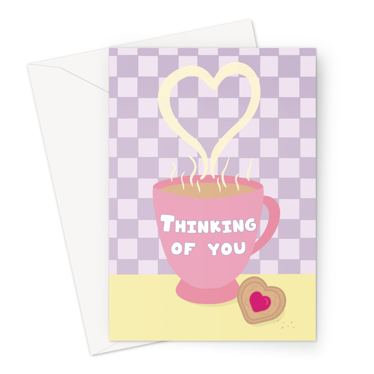 Thinking of you card showing a pink coffee cup with heart-shaped steam and a biscuit on a pastel background
