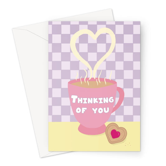 Thinking of you card showing a pink coffee cup with heart-shaped steam and a biscuit on a pastel background