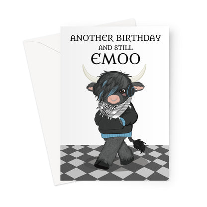 funny emo cow birthday card with headphones fringe and still emoo birthday pun