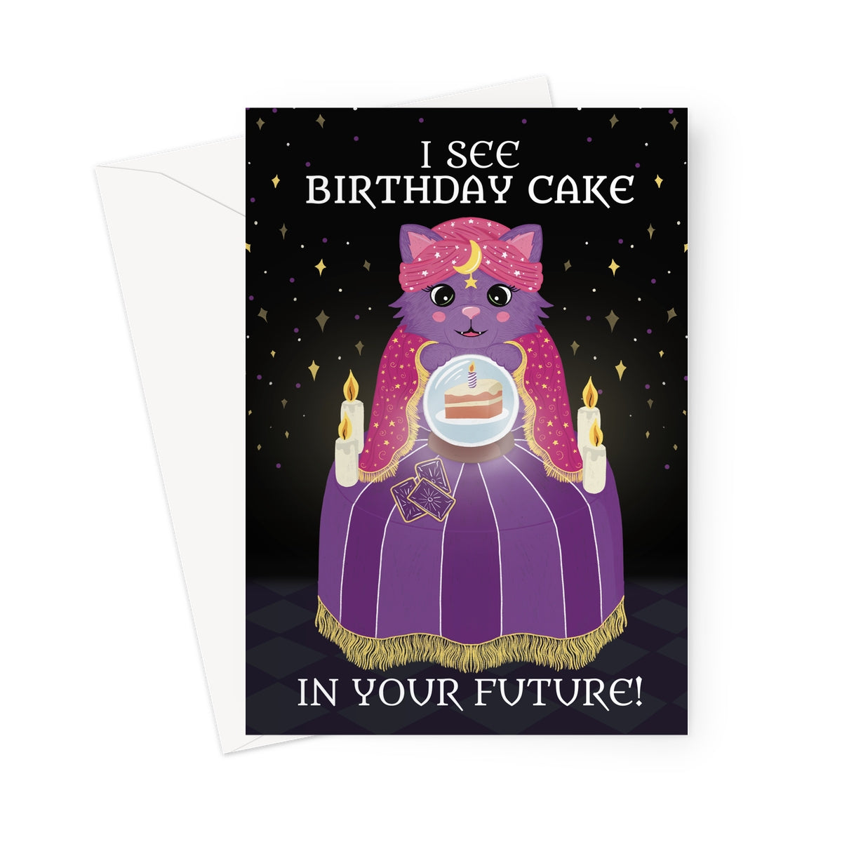 cute fortune teller cat birthday card with crystal ball birthday cake and candles