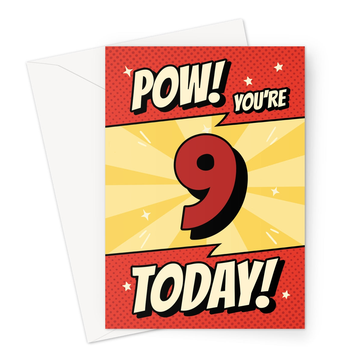 Comic book 9th birthday card with red and yellow “POW! You’re 9 Today!” superhero design