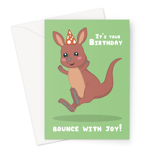 Cute kangaroo birthday card wearing a party hat with bounce with joy birthday message on green background