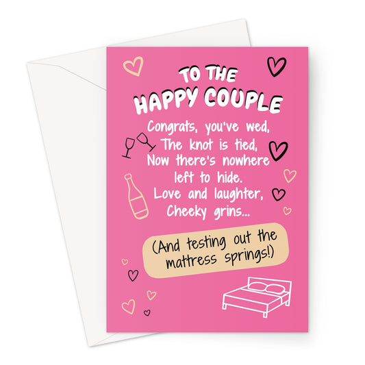 Funny pink wedding card with hearts and champagne illustration reading “To the Happy Couple – Congrats, you’ve wed… and testing out the mattress springs!”