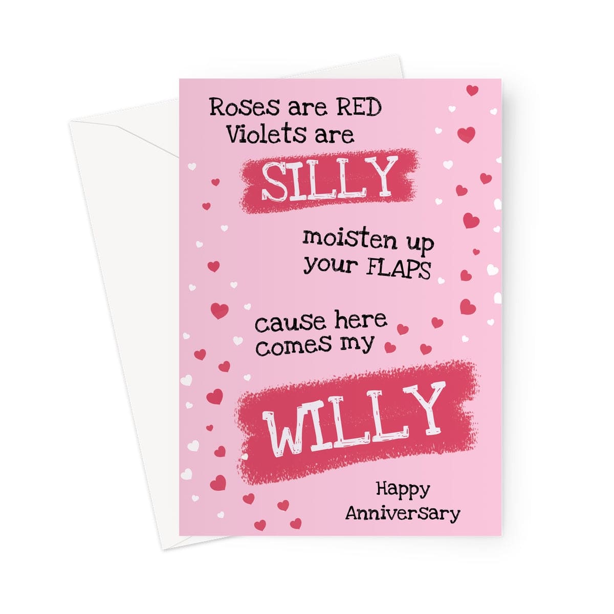 Funny rude anniversary card for her with naughty love poem, perfect for wife or girlfriend, pink background with hearts