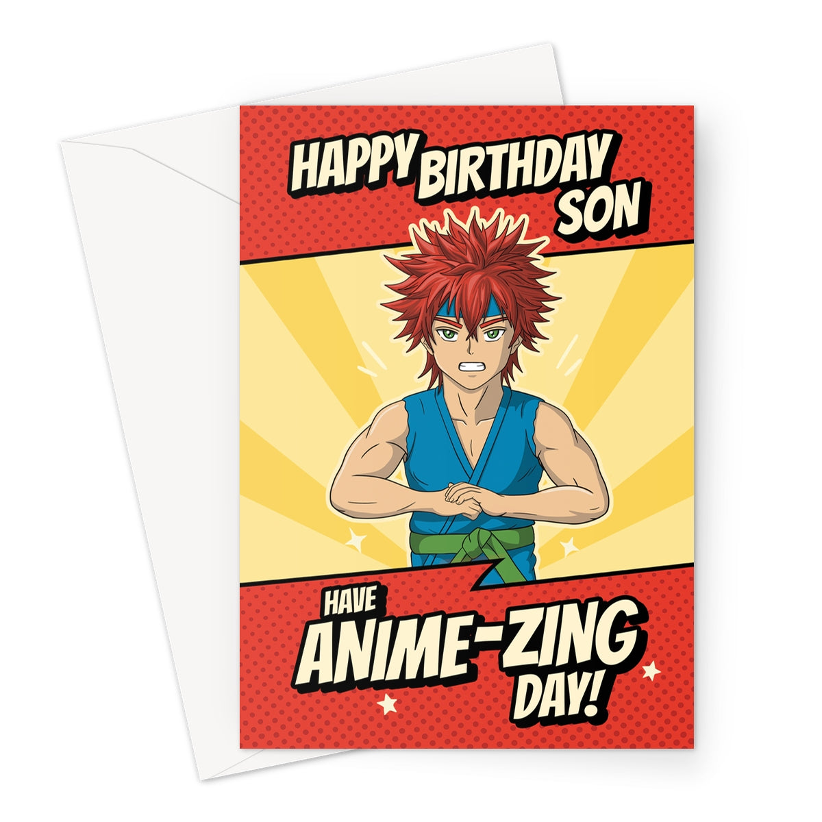 Funny anime birthday card for son with red-haired manga character and text saying “Happy Birthday Son – Have an Anime-zing Day!”
