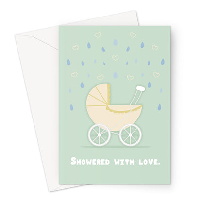 Showered With Love baby shower card with neutral pram illustration and pastel hearts