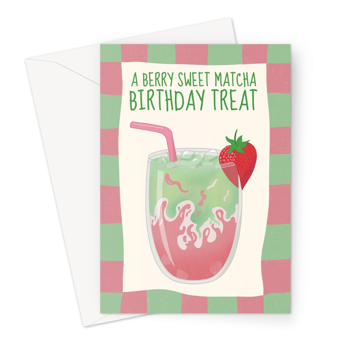 Strawberry matcha birthday card with iced drink and berry sweet birthday treat message
