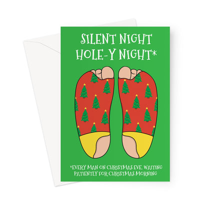 Funny Christmas card with cartoon feet in red Christmas socks with holes and text “Silent Night Hole-y Night”