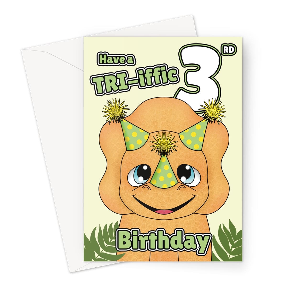 Cute 3rd birthday dinosaur card for kids with smiling triceratops in party hats and message “Have a TRI-iffic 3rd Birthday”