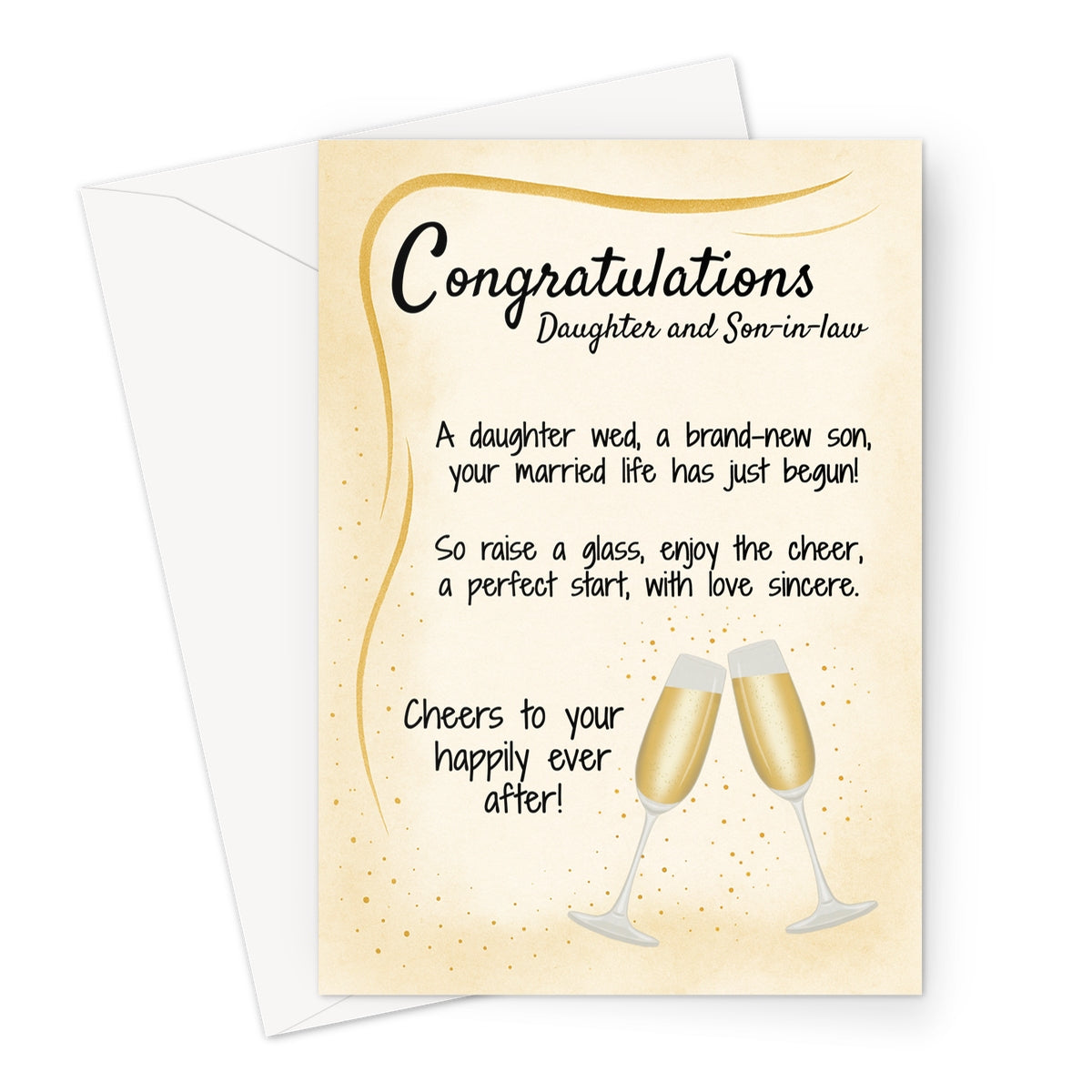 Wedding congratulations card for daughter and son-in-law with champagne glasses on a golden background. Includes heartfelt poem and elegant accents.