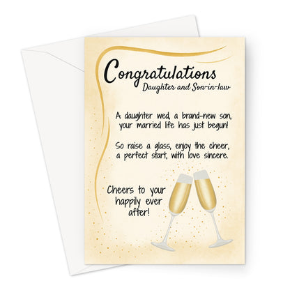 Wedding congratulations card for daughter and son-in-law with champagne glasses on a golden background. Includes heartfelt poem and elegant accents.