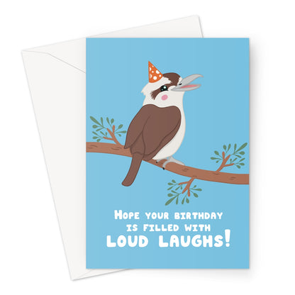 Funny kookaburra birthday card wearing a party hat with loud laughs birthday message on blue background