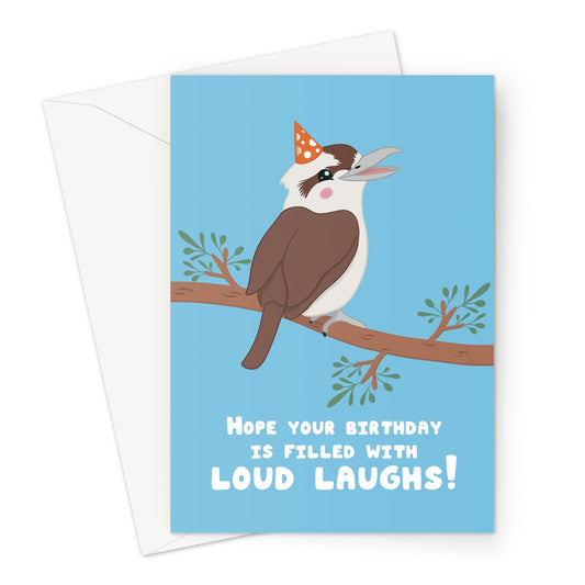 Funny kookaburra birthday card wearing a party hat with loud laughs birthday message on blue background