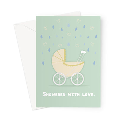 Showered With Love baby shower card with neutral pram illustration and pastel hearts