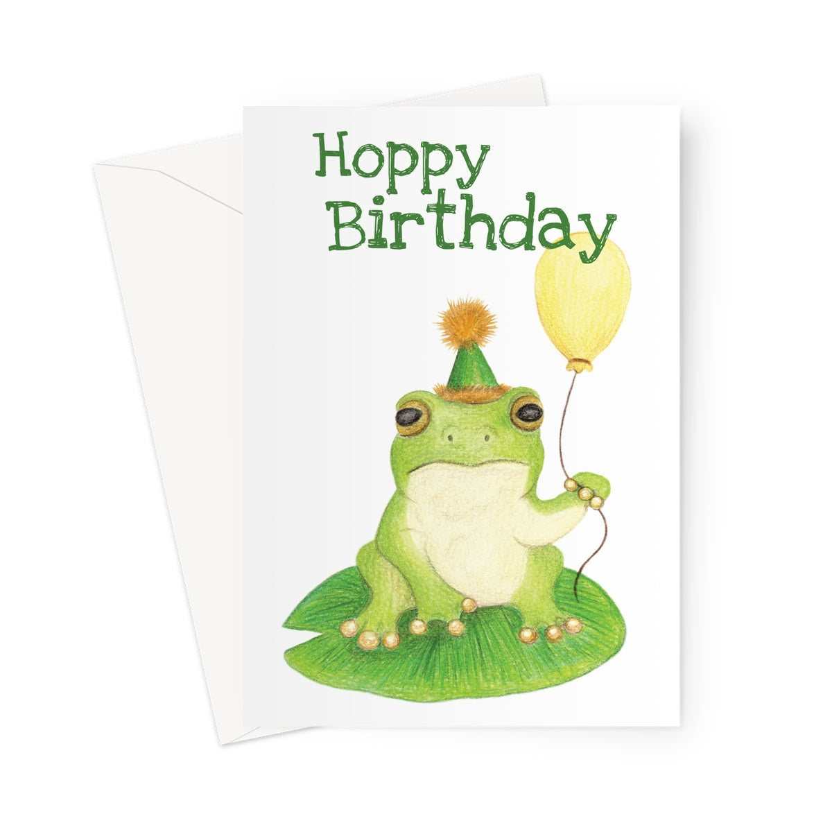 Funny frog birthday card with balloon and “Hoppy Birthday” pun