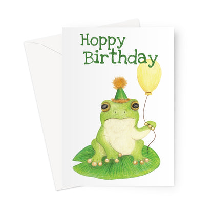 Funny frog birthday card with balloon and “Hoppy Birthday” pun