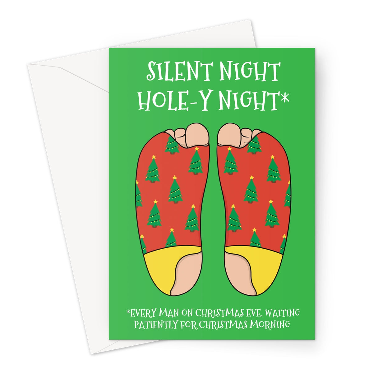 Funny Christmas card with cartoon feet in red Christmas socks with holes and text “Silent Night Hole-y Night”