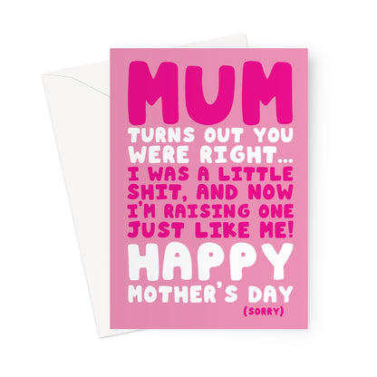 Rude funny Mother’s Day card with bold pink text and humorous message about parenting