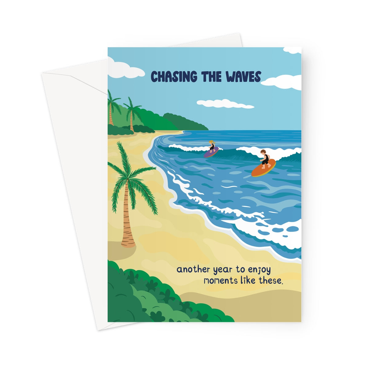 Scenic beach birthday card with surfers riding waves and coastal illustration