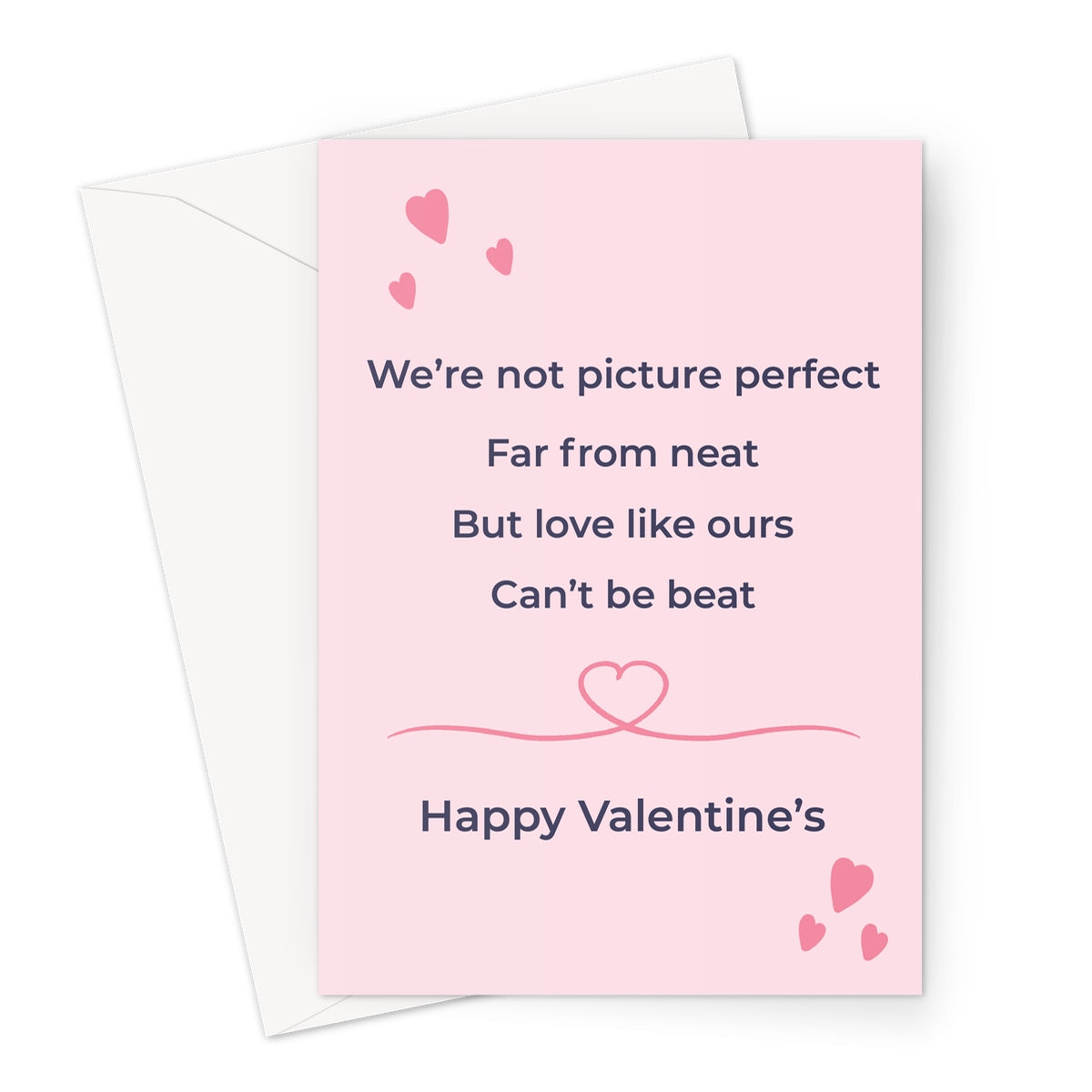 Romantic Valentine’s card with pink background and hearts featuring the text we’re not picture perfect but love like ours can’t be beat