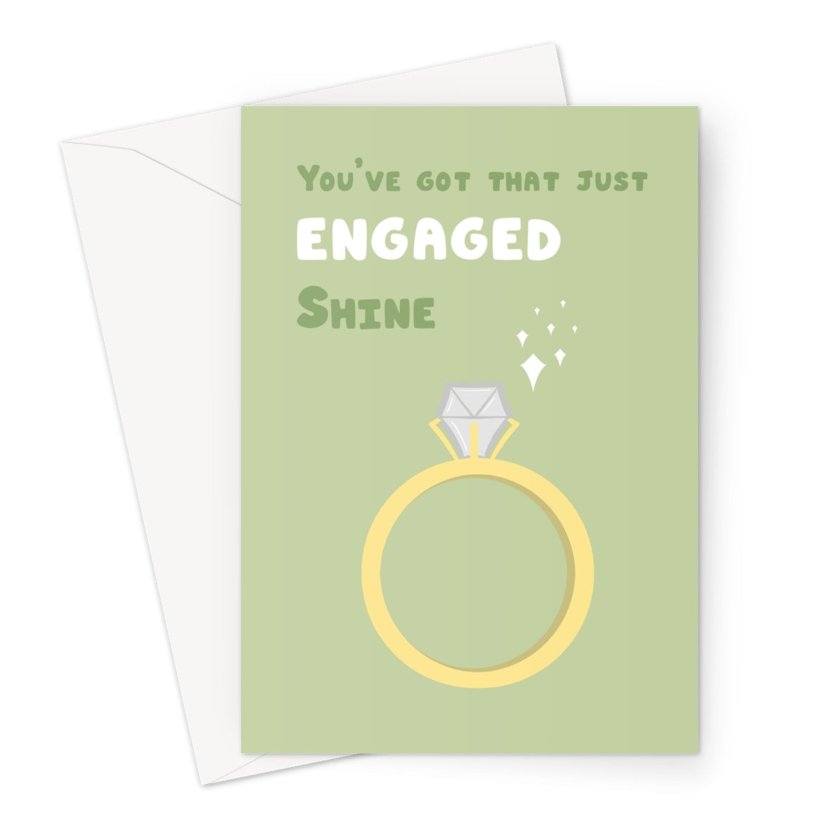 Just engaged greeting card with illustrated gold ring and sparkles on a sage green background