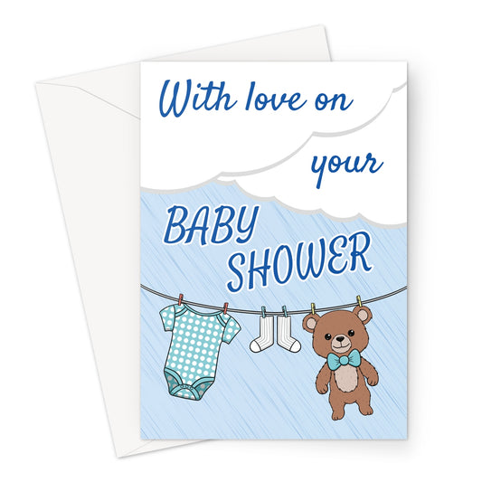 Baby shower card for boy with blue baby clothes and teddy bear on washing line, text reads "With love on your baby shower"