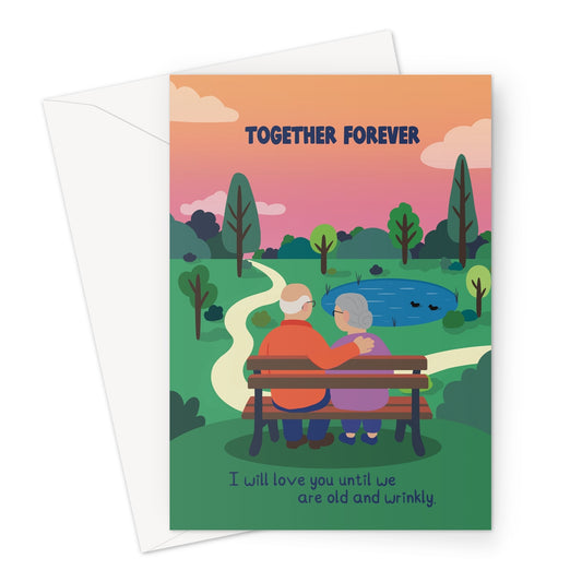 Illustrated greeting card showing an elderly couple sitting on a park bench at sunset with the text “Together Forever”