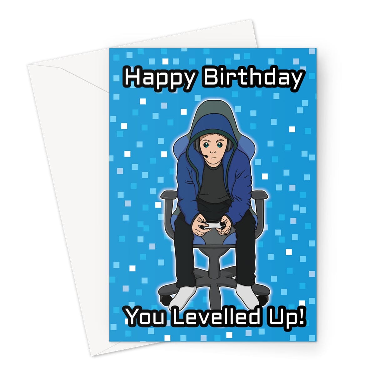 Gaming Birthday Card for Gamer featuring a person in a hoodie and headset, sitting in a gaming chair, holding a controller, with the words "You Levelled Up!" on a blue pixelated background.