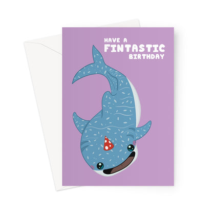 Greeting card with a blue whale illustration and 'Have a Fintastic Birthday' text on a purple background