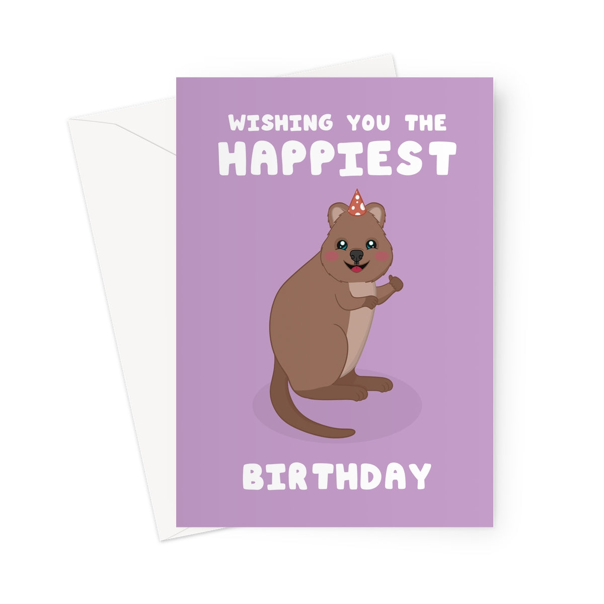 Birthday card with a cartoon Quokka and text on a purple background