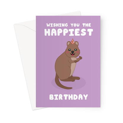 Birthday card with a cartoon Quokka and text on a purple background