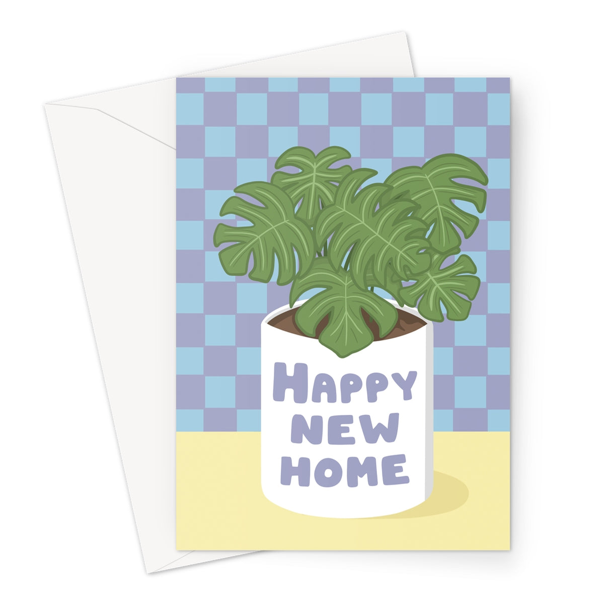 Happy new home greeting card with illustrated houseplant in a white pot, pastel background, new house housewarming card